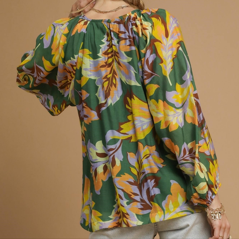 Umgee Retro Abstract Shirt Pleated 70s Round Neck Top Long Balloon Sleeve Blouse - Picture 13 of 16